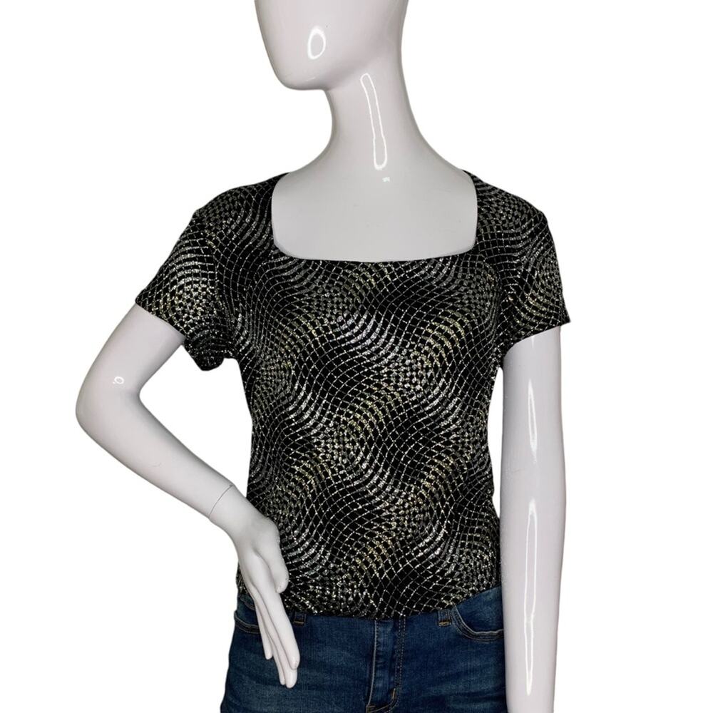 Ronni Nicole 90's Glitter Top Short Sleeve Square Neckline Pullover Size L